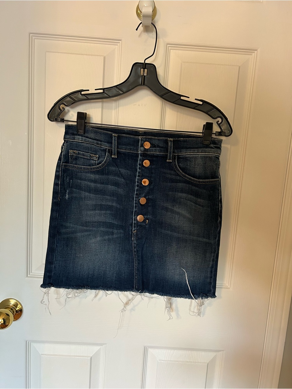 J Brand Dark Blue Denim Button-Front Frayed Mini Skirt